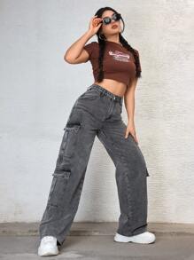 SHEIN EZwear 女士夏季拉链门襟翻盖口袋工装牛仔裤