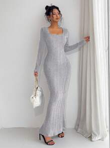 Chiquease 1 件女式纯色方领修身优雅长袖连衣裙长款女装 - 灰色 - 查看 7