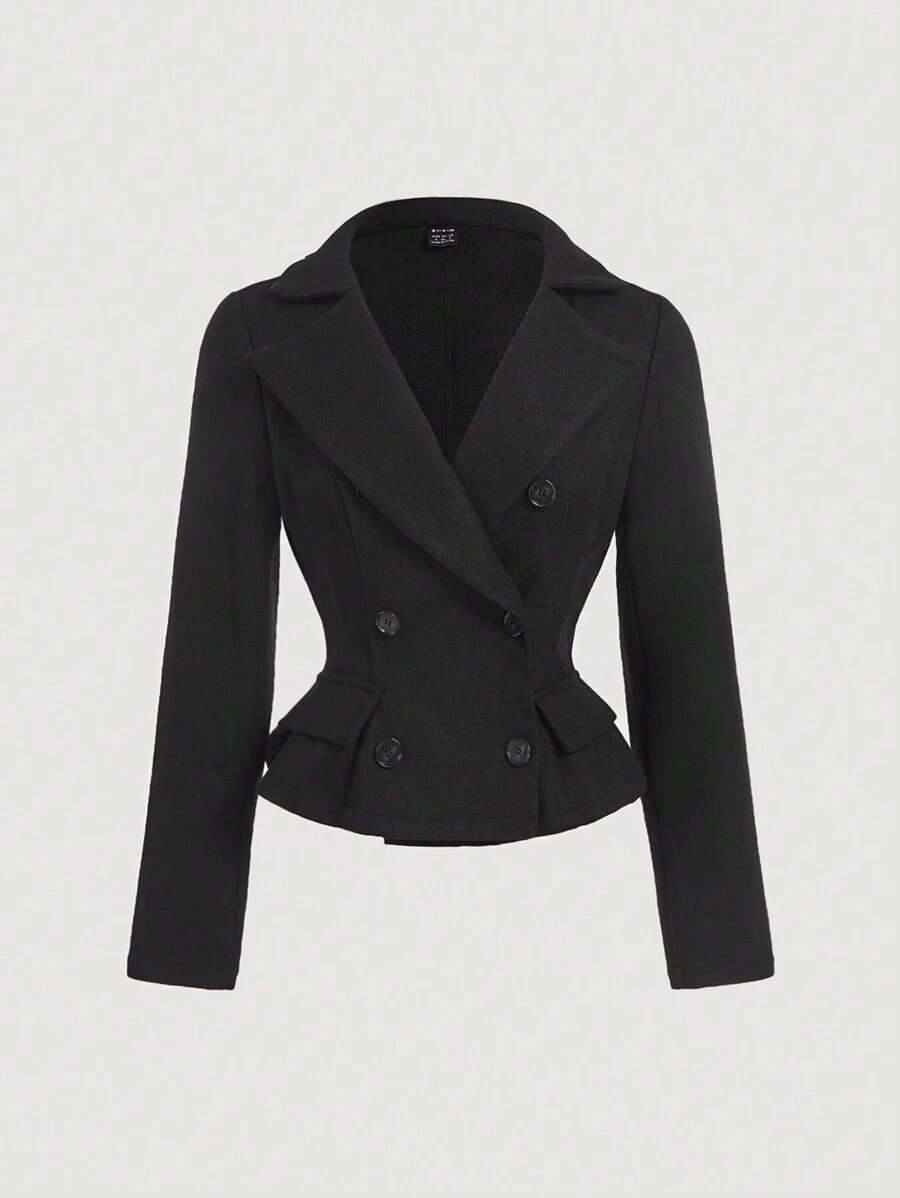SHEIN MOD 复古大翻领收腰女士西装外套、保暖、冬季女装、优雅、新年服装、黑色外套、冬季外套、寒冷天气服装、女士优雅西装外套、修身西装外套、保暖 - 黑色 - 查看 1