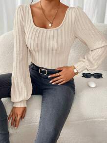 SHEIN Frenchy 女士纯色圆领休闲百搭长袖 T 恤 - 杏色 - 查看 1