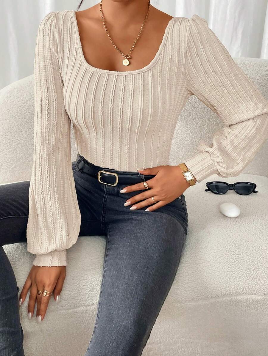 SHEIN Frenchy 女士纯色圆领休闲百搭长袖 T 恤 - 杏色 - 查看 1