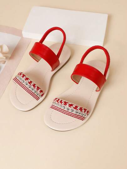 زوج من الصنادل الشاطئية المسطحة بنقوش أحمر للبنات، صيف وصول جديد