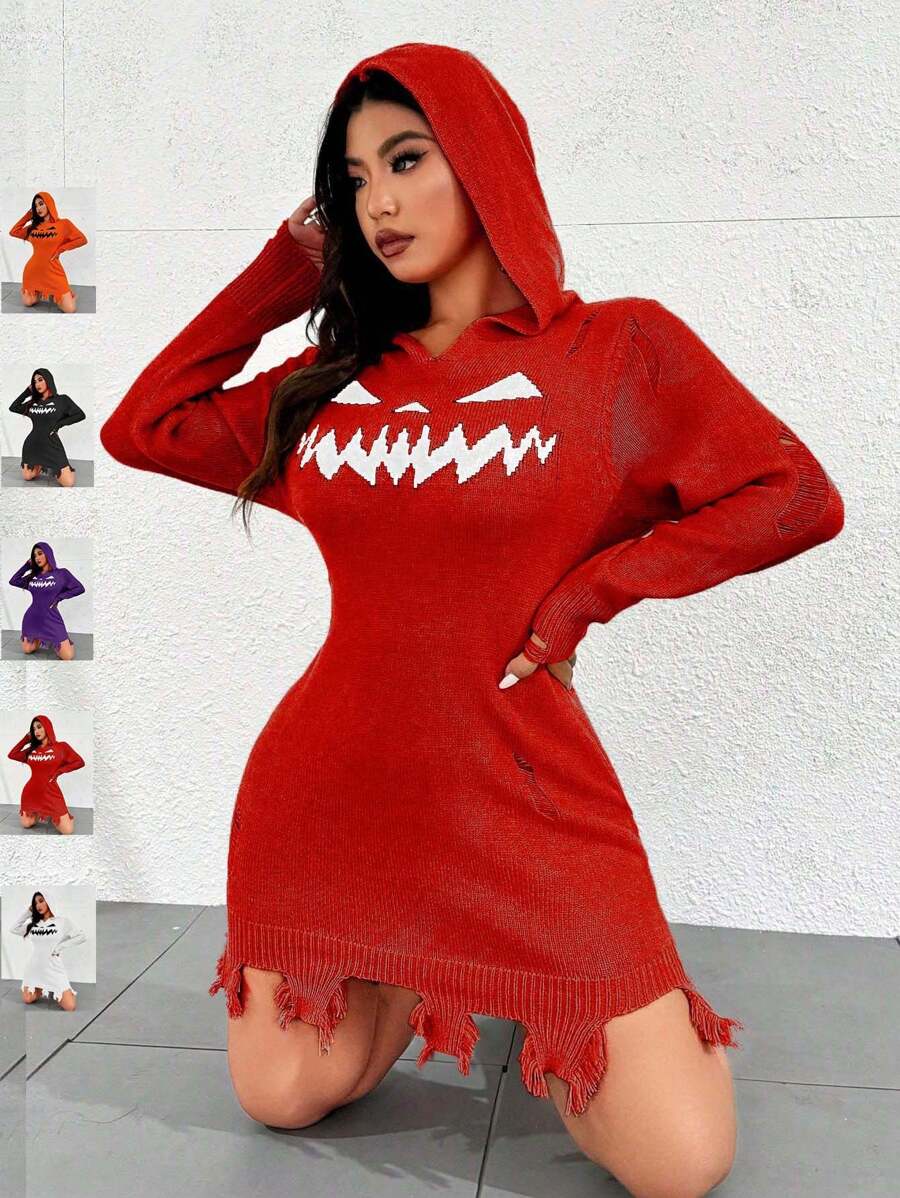 Flirla Plus Size Colorblock Geometric Pattern Ripped Fitted Hooded Sweater Dress, Casual For Autumn/Winter - Red - View 1