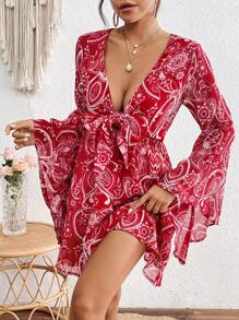 SHEIN VCAY Holiday Woven Printed V-Neck Front-Tie Jumpsuit Dress With Bell Sleeves For Women, Casual Women Dresses - Red and White - View 4