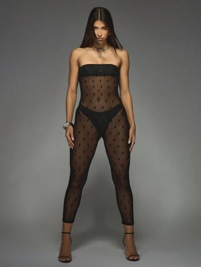 Missguided x Playboy 兔子印花网眼紧身衣露肩全长连体裤俱乐部派对节日服装紧身连衣裤透明紧身衣