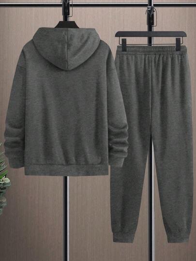 Manfinity Dauomo Men's Plus Size Letter Print Hooded Sweatshirt And Drawstring Pocket Sweatpants Set