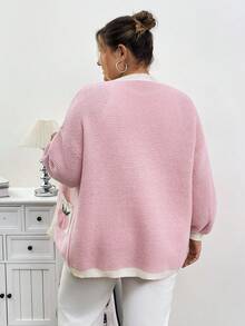 SHEIN CURVE+ Áo len cardigan hở cổ họa tiết dâu tây màu hồng Giáng sinh cỡ lớn, mùa thu/đông - Màu Hồng baby - Xem 6