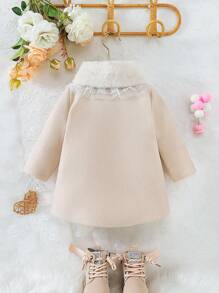 SHEIN 2pcs Baby Girl Autumn/Winter Lapel Big Pocket Overcoat With Fluffy Trim, Cute Fall Clothes - Apricot - View 2