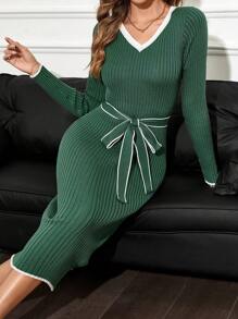 SHEIN Clasi Women's Contrast Trim Long Sleeve Slim Fit Sweater Dress, Casual Everyday Wear In Fall/Winter - Dark Green - View 1
