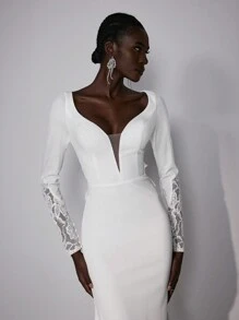 SHEIN Belle Elegant And Gorgeous Luxury Beige Stretch Knit Contrast Color Lace Embroidery Applique Long Sleeve Backless Fishtail Length Suitable For Wedding, Party, Festival, Prom, Bridal Wedding Dress, White Dress - Beige - View 4