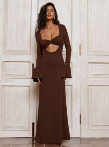 Opulessa 1 件女式性感纯色前裹式长袖连衣裙 - 卡其色 - 查看 5