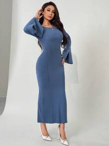 Modelyn Women Elegant Solid Color Split Flare Sleeve Fitted Ribbed Knit Sweater Dress