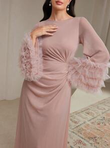 Veilorie Women's Autumn Contrast Mesh Ruffled Hem Modest Long Sleeve Dress - Pink - View 1