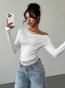Siren Gaze Autumn Solid Color Oblique Shoulder Lace Splicing Cowl Collar Long-Sleeved Women's T-Shirt White For Women Casual Holiday Women New Years Y2k Top Winter Spring - White - View 5