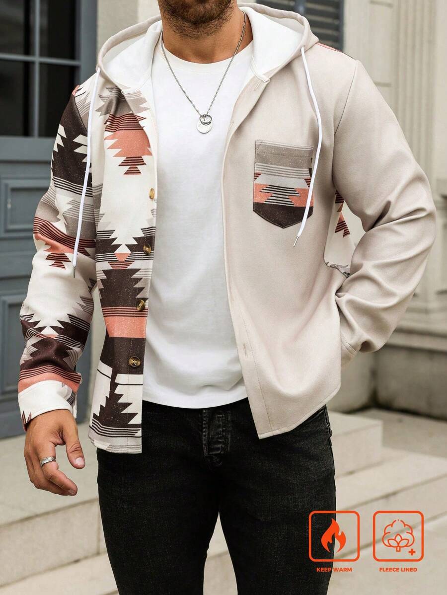 Manfinity Homme Plus Size Men's Geometric Print Drawstring Hooded Casual Shacket, Spring Autumn - Multicolor - View 1