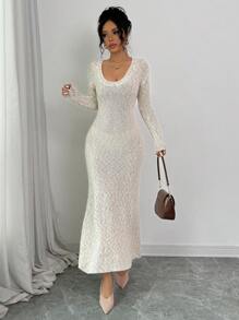 Chiquease Vestido de cuello alto con forro grueso, vestido elegante de encaje con parches, otoño - Albaricoque - Ver 6