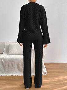 SHEIN PETITE Women's Cable Knit Drop Shoulder Sweater And Pants Two Piece Set - Black - View 2