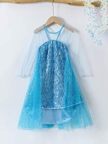 Girls Glitter & Pearls Decorated Long Sleeve Mesh Tulle Princess Dress, Elegant & Stylish, Suitable For Birthday Party, Wedding, Anniversary Events
