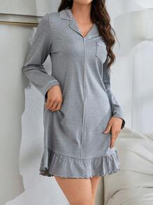 Lazeform 宽松牛奶丝简约翻领长袖睡袍 - 灰色 - 查看 1