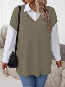 大码女式 V 领宽松休闲套头毛衣，秋冬