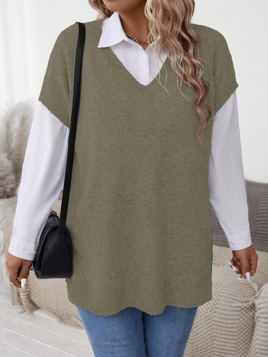 大码女式 V 领宽松休闲套头毛衣，秋冬