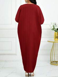 SHEIN Lady Women Solid Textured Notch Neck Batwing Sleeve Split Hem Long Dress - Burgundy - View 2