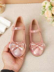 女童春夏银色蝴蝶结可爱公主平底鞋，休闲便鞋，适合大童、学生和舞蹈表演 - 粉色 - 查看 3