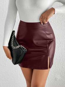 SHEIN Frenchy Split Hem PU Bodycon Mini Black Skirt,New Years Women Outfit,Valentine's Day