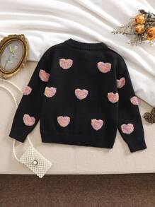年轻女孩开衫毛衣，黑色柔软温暖彩色心形图案针织外套，适合秋冬季
