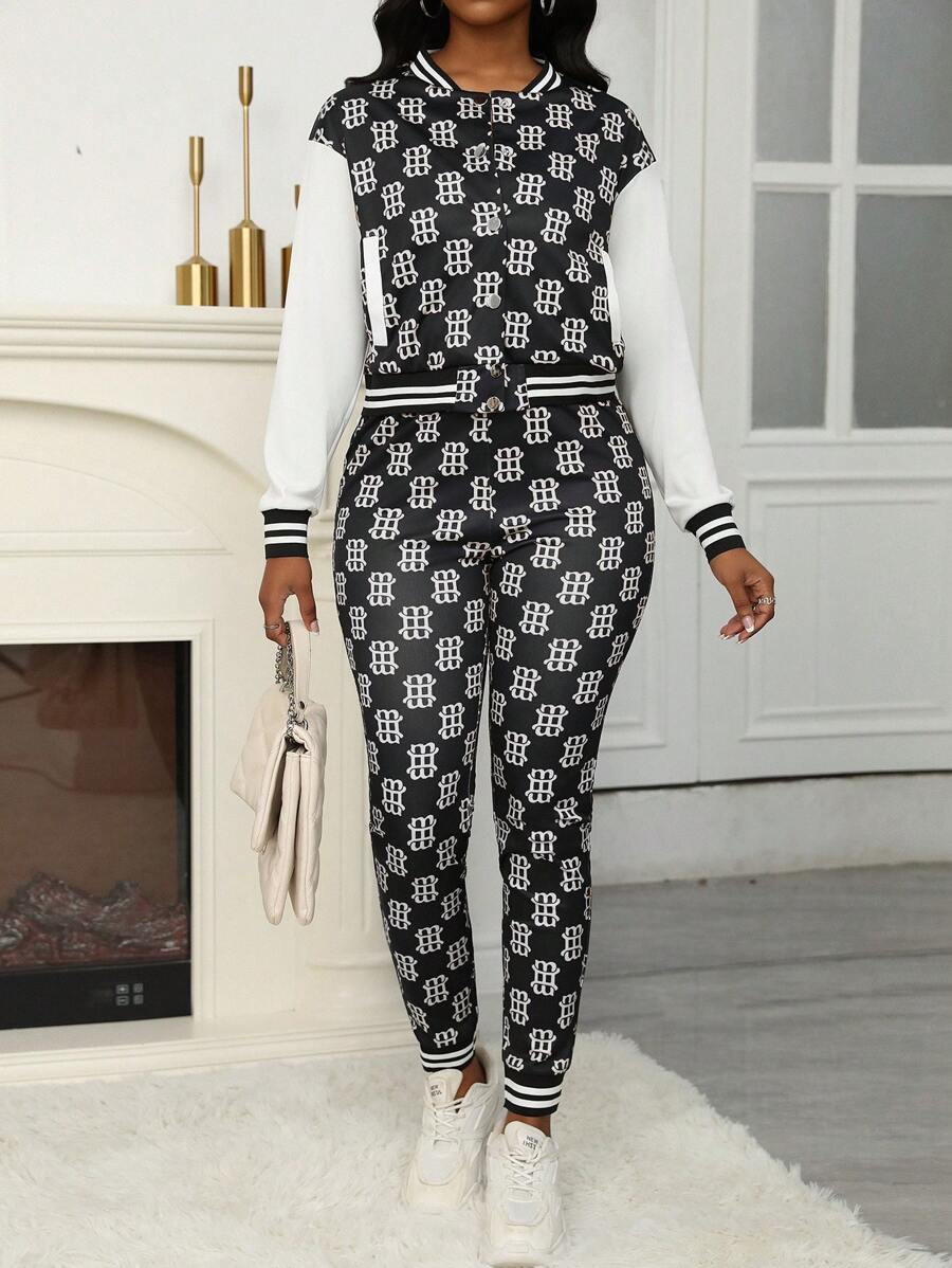 Zolique 2pcs/Set Women Casual Color-Block Button Jacket & All-Over Print Pants - Black and White - View 1