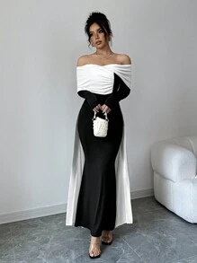Firerie Women Elegant Sexy Off-Shoulder Color Block Evening Long Sleeve Dress, Black And White Bodycon Dress,Princess Tight Long Dress For Party & Gathering, Christmas Party Women Dress,New Year Eve Dress,Autumn/Winter