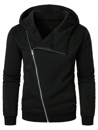 Sudadera con capucha casual de hombre con cremallera en diagonal de unicolor