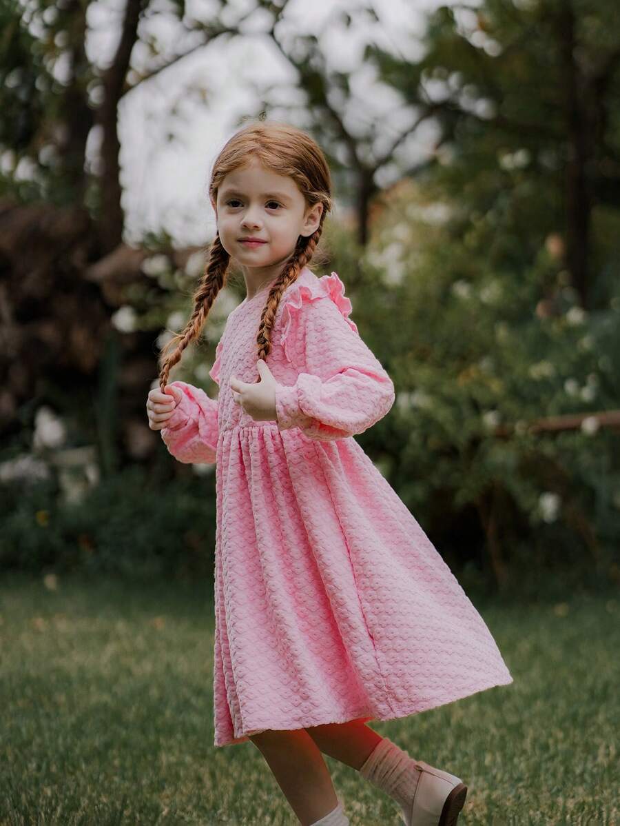 SHEIN Young Girl Pink Elegant Cap Sleeve Jacquard Pattern Dress,Flower Girl Fairy Style For Birthday Party,Autumn New Year Gift,Daily Outdoor Fashionable - Purple - View 1
