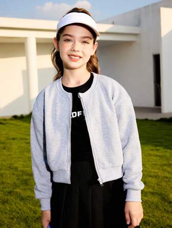 SHEIN Girls' Fashion Minimalist Zip-Up Sports Jacket In High-End Gray