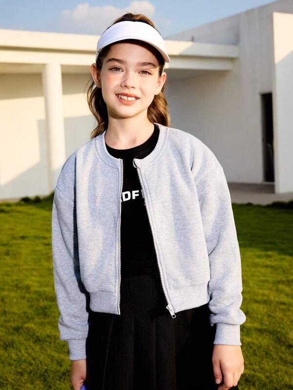 SHEIN Girls' Fashion Minimalist Zip-Up Sports Jacket In High-End Gray