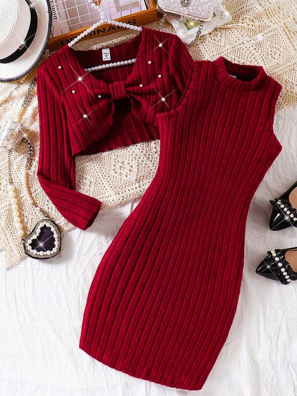 2pcs Tween Girl Casual Outfit, Pearl Decor Long Sleeve Top And A-Line Mini Dress, Elegant Outfits For Spring Autumn