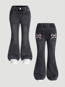 SHEIN 年轻女孩蝴蝶结刺绣喇叭牛仔裤，时尚百搭，深灰色 - 深灰色 - 查看 1