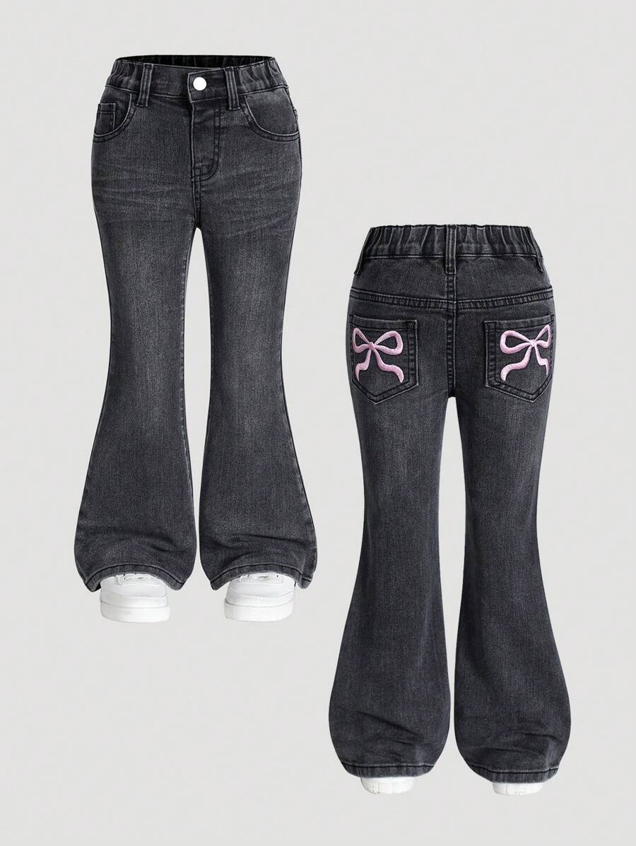 SHEIN 年轻女孩蝴蝶结刺绣喇叭牛仔裤，时尚百搭，深灰色 - 深灰色 - 查看 1