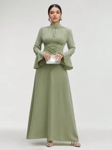 Veilorie Ladies' Solid Color Simple Daily Long Dress With Arabic Rope Modest - Mint Green - View 4