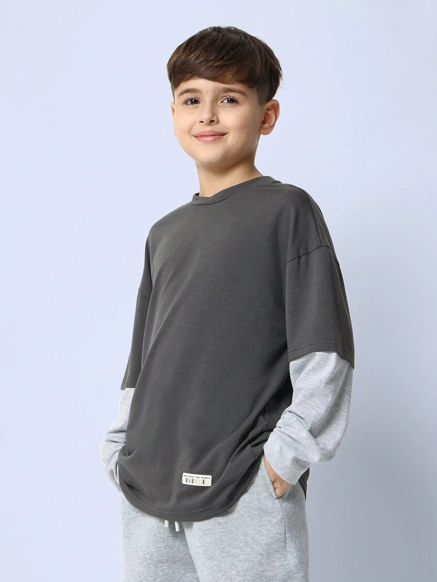 SUMWON Layered Look Long Sleeve Sweatshirt Casual Crewneck Youth Boys Comfortable Weekend Street Style Fall Winter Essential Wear Everyday Basic Top - Dark Grey - View 1