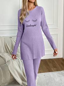 RueChic Letter Printed Ribbed Knit Lounge Wear Set - Lilac Purple - View 5