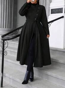 SHEIN LUNE 大码纯色纽扣口袋长袖长外套，秋冬