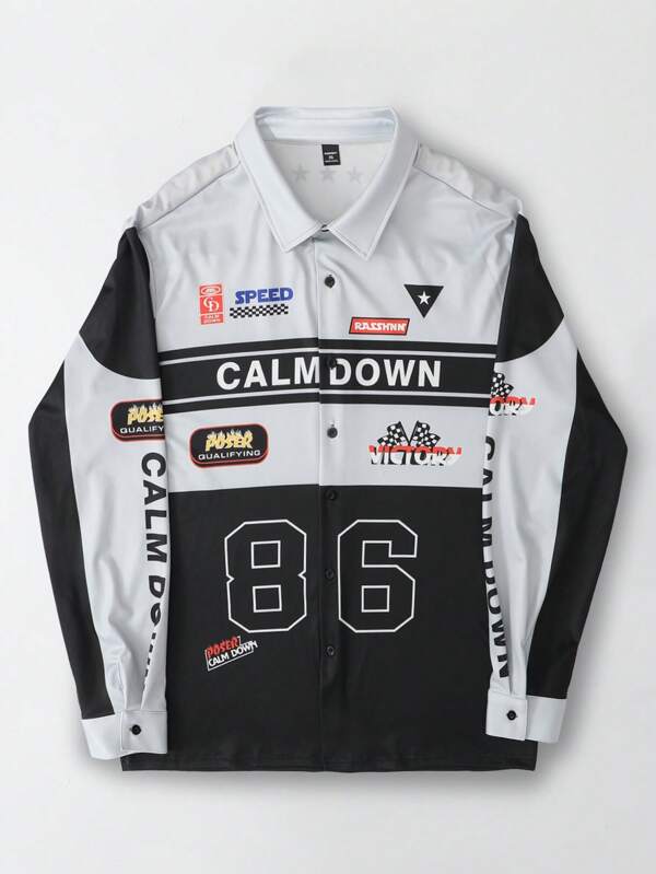 Manfinity EMRG Plus Size Men Biker Style Letter & Number Print Contrast Color Shacket, Spring And Autumn