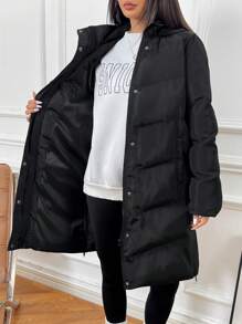 SHEIN EZwear 女士冬季休闲黑色编织连帽棉服外套 - 黑色 - 查看 6