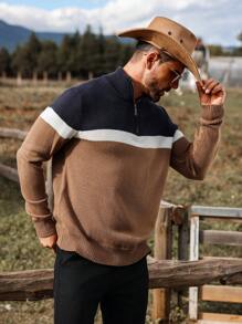Manfinity Homme Jersey casual con cierre de cremallera delantero, manga larga, bloque de color y gráfico de rayas para hombre, para golf, esposo