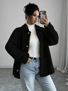 Chiquease Áo khoác cổ lông cừu trơn màu giản dị, Thu/Đông - màu đen - Xem 4