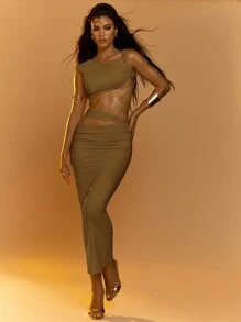 MISSGUIDED Women Two Pieces Asymmetric Crop Top Midi Skirt Set Sleeveless Gathered Knitted Twisted Back Design Bodycon Contemporary Evening Party Clubwear Outfit - Mocha Brown - View 4