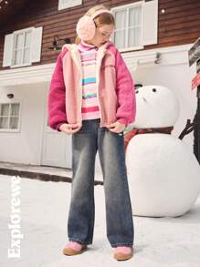 SHEIN 1 件 Tween 女童夹克，毛绒拼布，舒适亲肤连帽长袖保暖内衬，秋冬季夹克适合户外、城市街拍、日常穿着、上学等场合 - 彩色 - 查看 6
