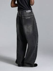 NEON BLANC 男士宽松水钻装饰长牛仔裤，宽牛仔裤，长款加大码深灰色洗水牛仔裤，适合送给老公、男朋友的礼物 - 黑色 - 查看 4