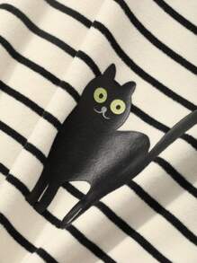 DAZY Loose Fit Flannel Striped Cat Pattern Print Pajama Set - Apricot - View 7